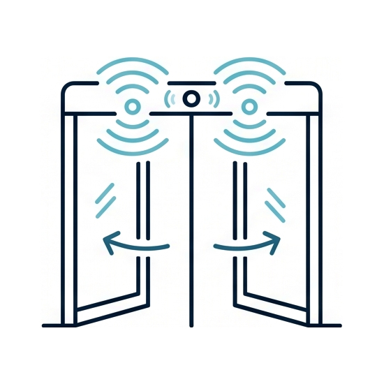 Diagram of a bi-parting auto door at a retail or office entrance, with overhead motion sensors.