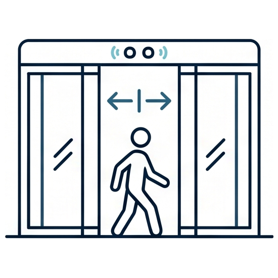 Diagram of a person walking through a high-traffic auto door with bi-parting sliding leaves.