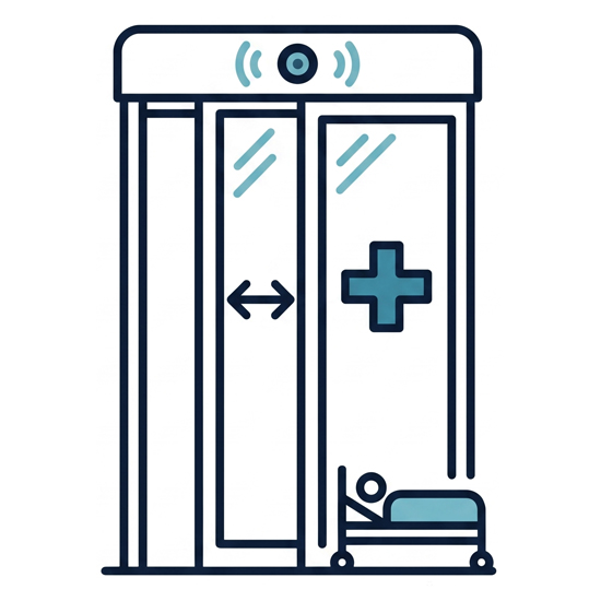 Diagram of a hospital auto door with a medical cross and a patient trolley passing through.