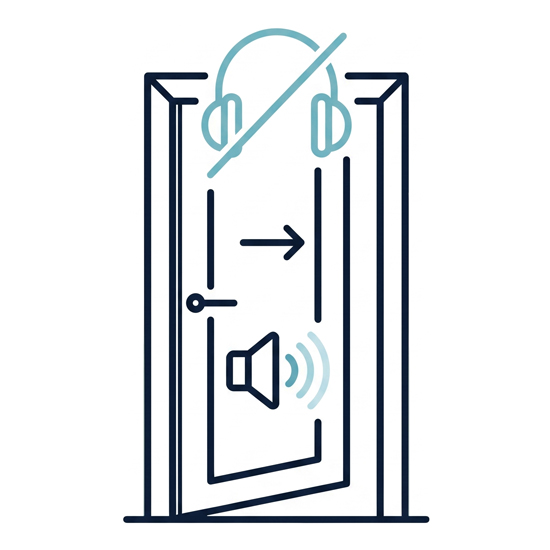 Diagram showing near-silent sliding door operation, with muted sound waves and crossed-out headphones.