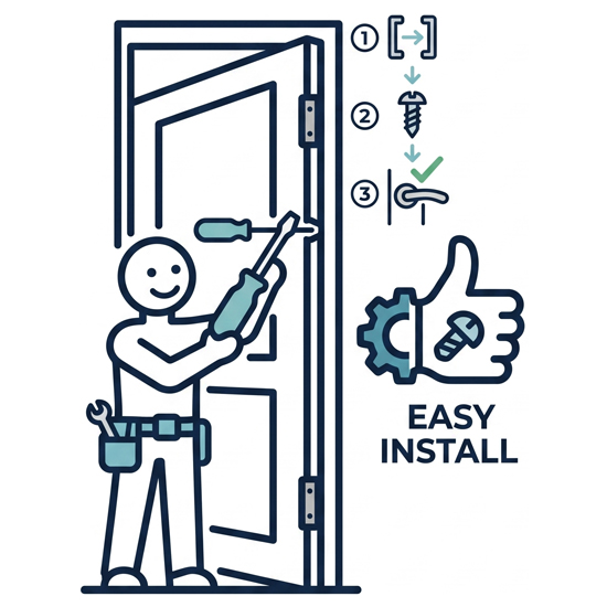 Illustration of an installer fitting hardware to an existing hinged door, captioned Easy Install.